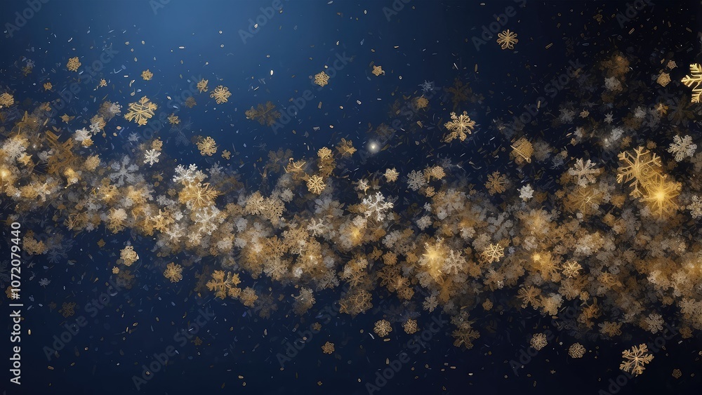 Many snowflakes fall on a dark blue background with dazzling gold and white lights. Many snowflakes fall on a dark blue background with dazzling gold and white lights.