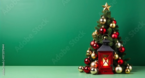 Christmas tree lantern with red and gold ornaments on plain green background