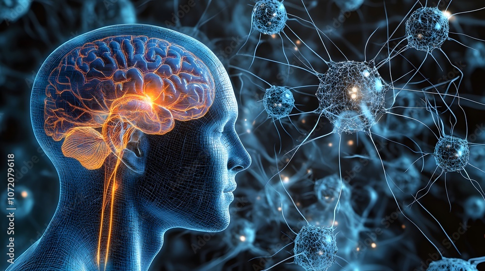 Obraz premium A 3D human head model with 2D holographic neural network patterns floating around it, representing innovation in neuroscience, 4k resolution, ultra-realistic, uncluttered background