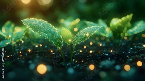 Digital plant seedlings with glowing neon green leaves and bioluminescent particles on a light mint background, blending futuristic nature with magical growth concepts. photo