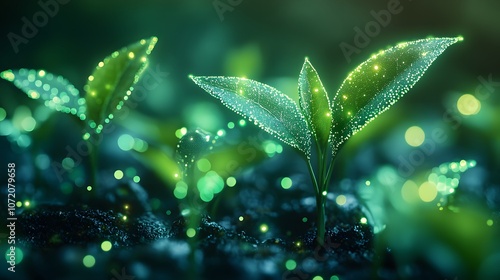 Digital plant seedlings with glowing neon green leaves and bioluminescent particles on a light mint background, blending futuristic nature with magical growth concepts. photo