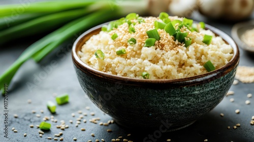 Kimchi Cauliflower Rice in a Handmade Ceramic Bowl: Professional Food Photography with Green Onions and Sesame Seeds, Soft Natural Lighting, and Clean Commercial Composition.