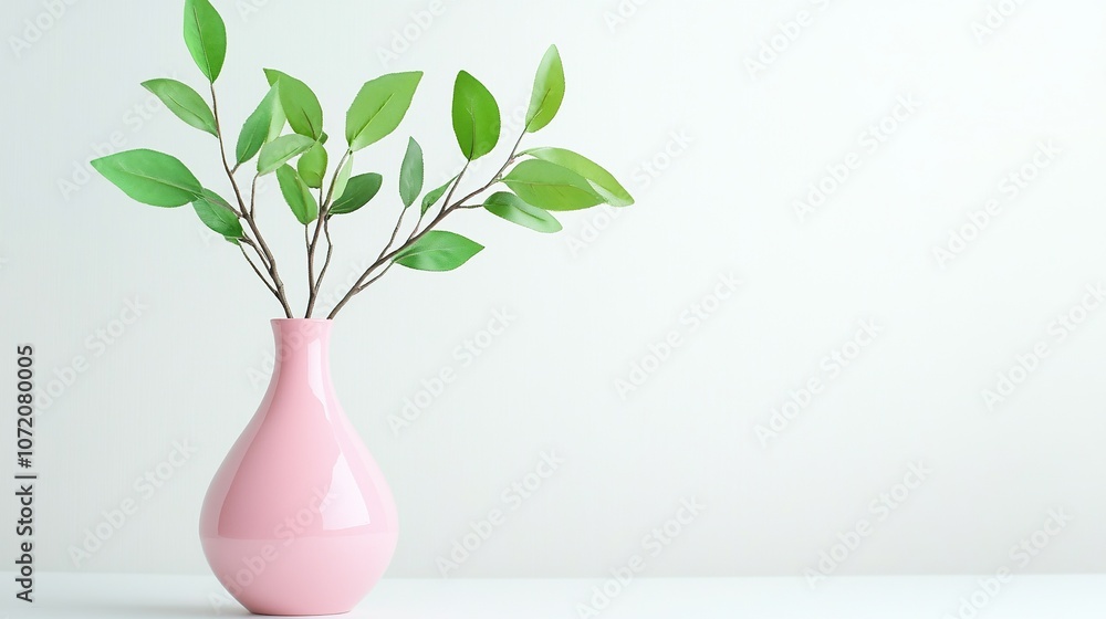 White frame mockup with a pink notched vase with twigs with green leaves on an empty white background White frame mockup with a pink notched vase with twigs with green leaves on an empty white background