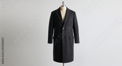 Dark grey wool overcoat with single breasted closure and flap pockets display on plain white background