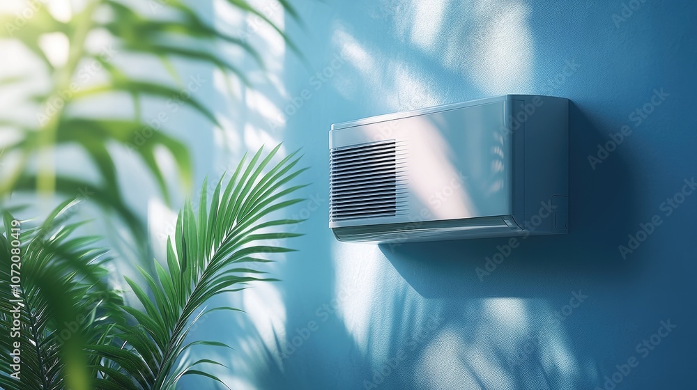 Modern wall-mounted air conditioner unit against a blue wall with ...