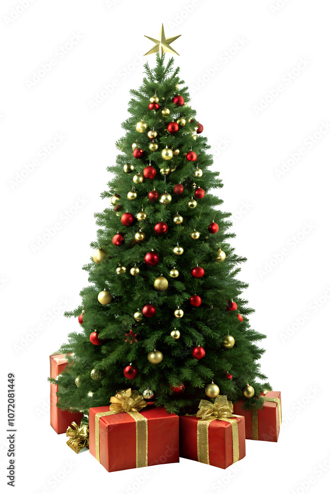 Classic Christmas Tree Image Full HD 4K Stock Photo PNG Transparent Background Download – Lush Green Tree with Red and Gold Ornaments, Gifts and Golden Star