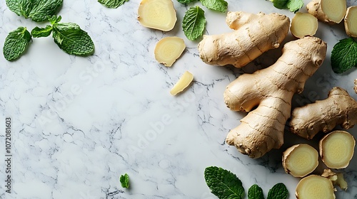 Fresh ginger roots and mint leaves arranged on a white marble surface, showcasing raw organic textures and vibrant colors in a clean, bright macro food photography style. photo