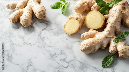 Fresh ginger roots and mint leaves arranged on a white marble surface, showcasing raw organic textures and vibrant colors in a clean, bright macro food photography style. photo