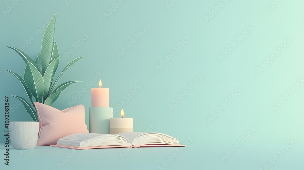 A 3D lifestyle report with home decor icons like plants, cushions, and candles emerging from the page, on a calm blue background, 4k resolution, no background, no shadow A 3D lifestyle report with home decor icons like plants, cushions, and candles emerging from the page, on a calm blue background, 4k resolution, no background, no shadow