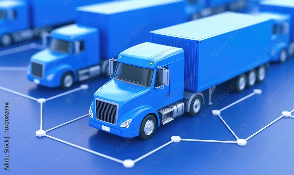 A collection of blue delivery trucks on a digital network, depicting modern logistics and transportation solutions. A collection of blue delivery trucks on a digital network, depicting modern logistics and transportation solutions.