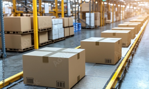 A conveyor belt system in a warehouse transporting stacked cardboard boxes for efficient distribution and logistics.