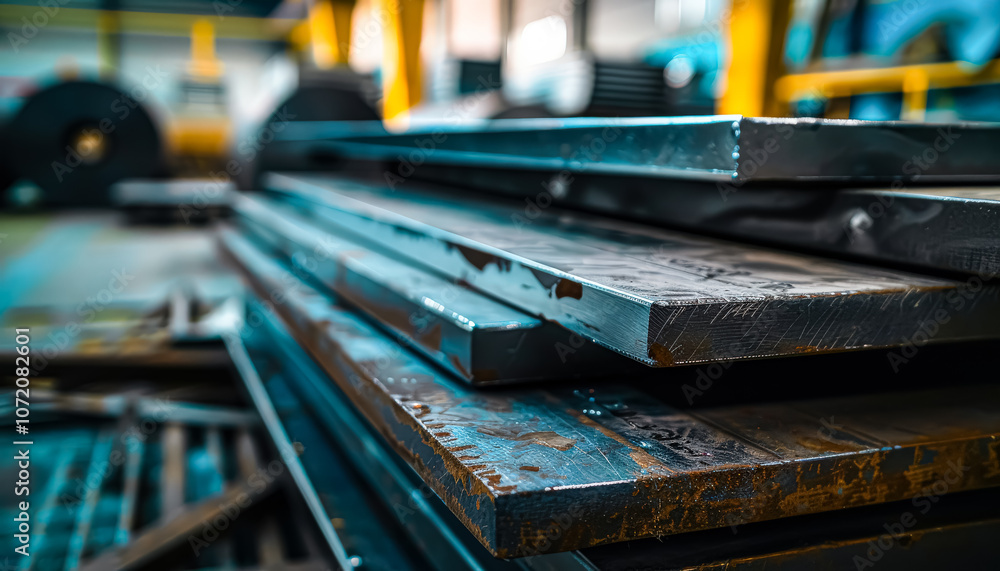 Stack of metal sheets with a shiny, reflective surface. The sheets are piled on top of each other, creating a sense of depth and dimension. Concept of industrial production Stack of metal sheets with a shiny, reflective surface. The sheets are piled on top of each other, creating a sense of depth and dimension. Concept of industrial production