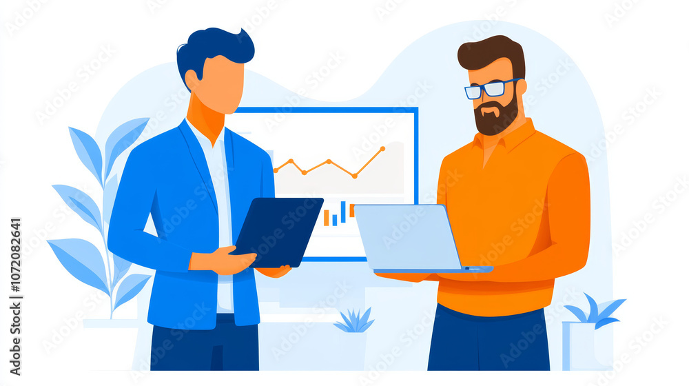 Two men in a modern office discuss business using laptops. Two men in a modern office discuss business using laptops.