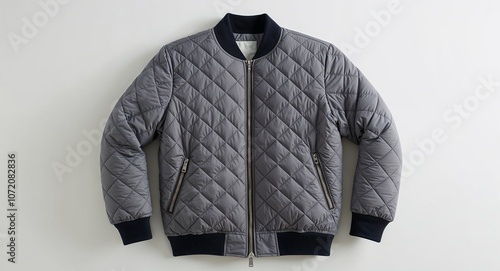 Grey quilted bomber jacket with ribbed cuffs and side zip pockets display on plain white background