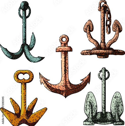 anchor set hand drawn. nautical retro, maritime classic, timeless rustic anchor vector sketch. isolated color illustration