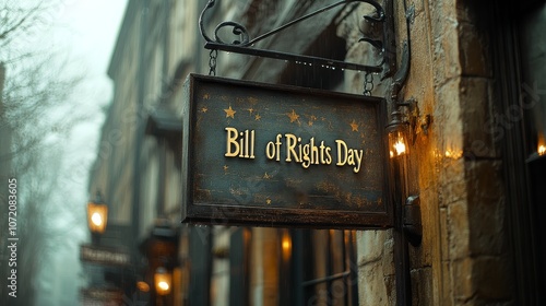 Vintage Bill of Rights Day Sign on Historic Street, Honoring American History and Constitutional Rights in a Classic Setting