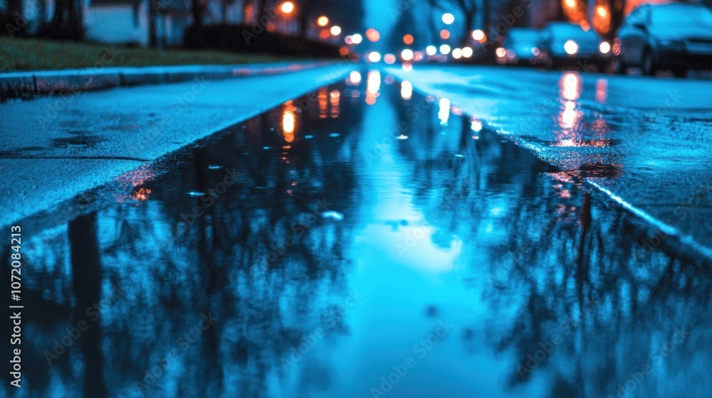 Street reflections create a mesmerizing urban scene at dusk, AI Street reflections create a mesmerizing urban scene at dusk, AI