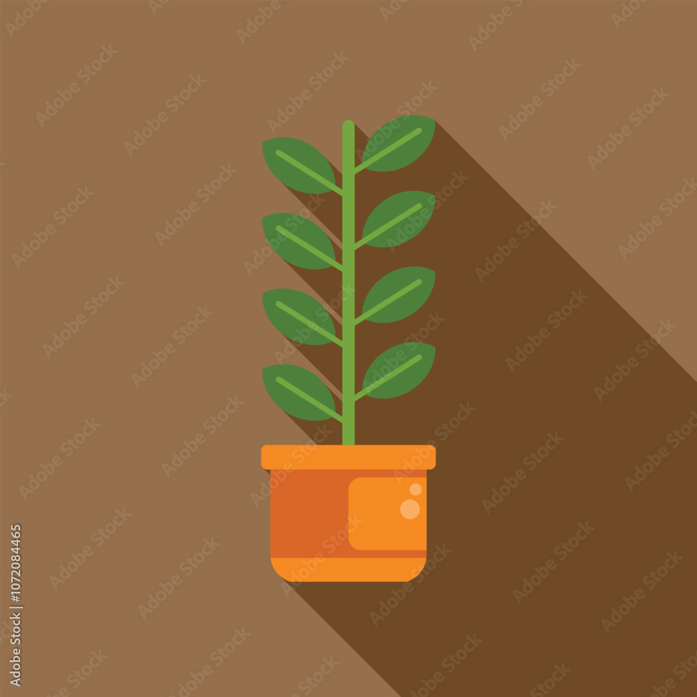 Fototapeta premium Zz plant growing in orange pot with long shadow, minimalist flat design illustration