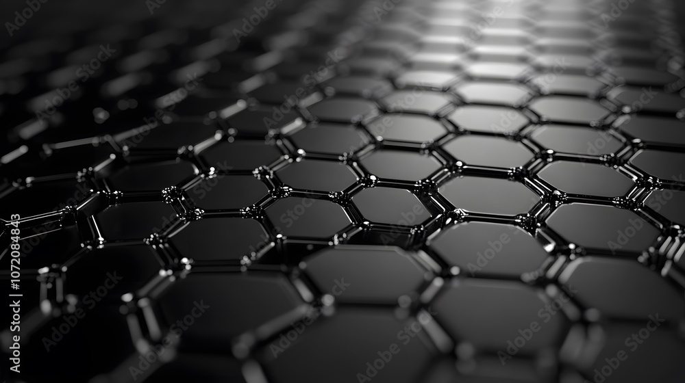 Fototapeta premium A close-up view reveals the microscopic structure of graphene, showcasing hexagonal arrangements of carbon atoms in a perfectly formed lattice that emphasizes its unique properties.