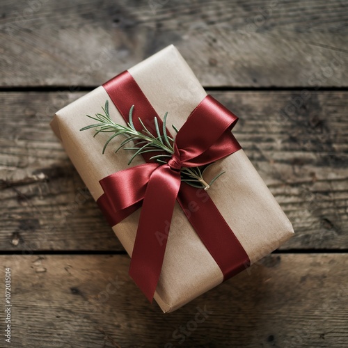 a minimalist gift on a wooden background with a red Christmas bow