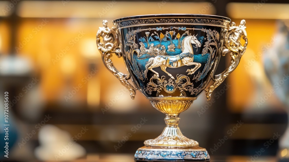 Elegant, intricate golden and blue chalice with horse motif Elegant, intricate golden and blue chalice with horse motif