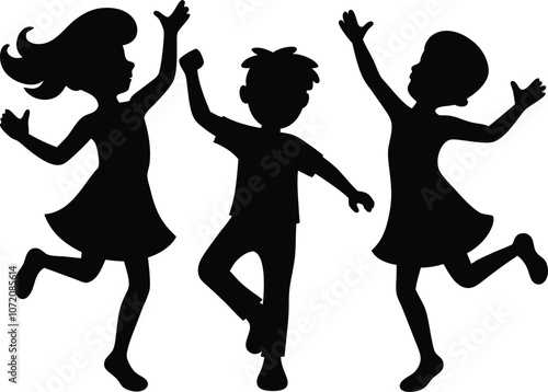 Group of happy kid dancingsilhouette , children raising hand silhouette vector illustration 