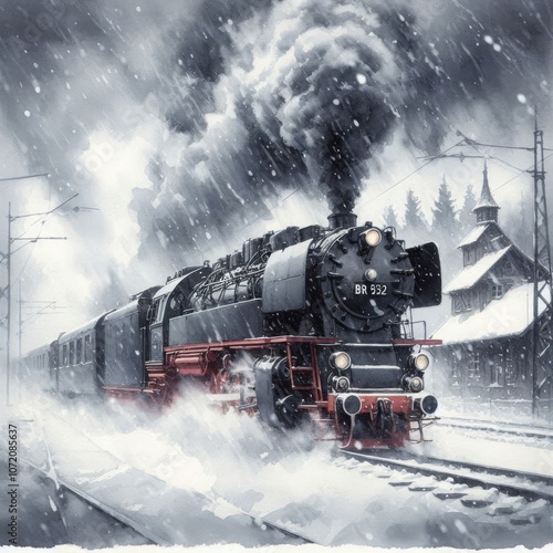 Steam Locomotive in Heavy Snowfall