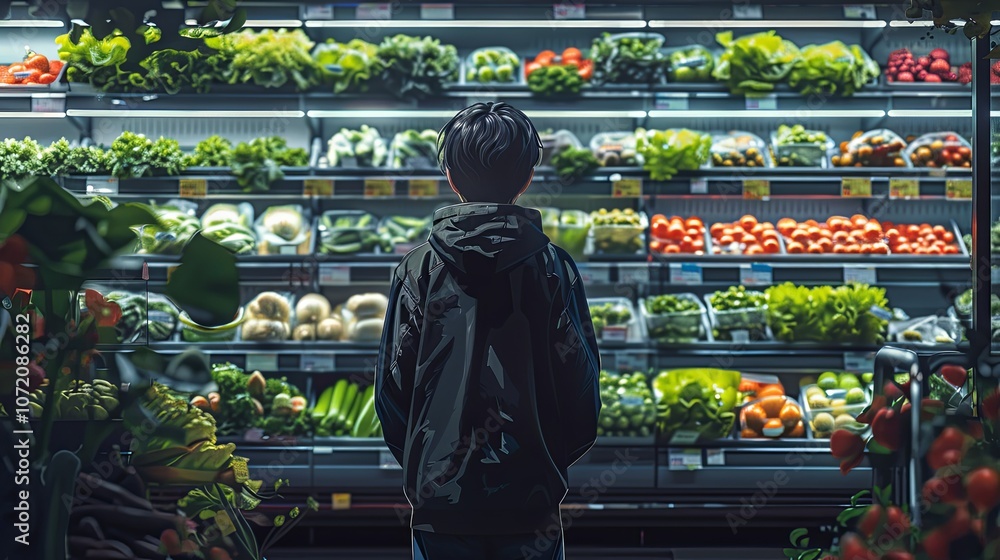 Fototapeta premium A person stands in the produce section of a grocery store, selecting fresh vegetables for dinner. The cart is filled with ingredients, and the mood is relaxed as they carefully plan their next meal