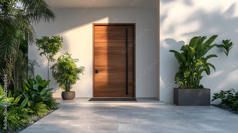 Obraz premium A modern minimalist house entrance with a wooden front door, white exterior, potted tropical plants, natural stone pavers, and soft evening lighting for a peaceful look.