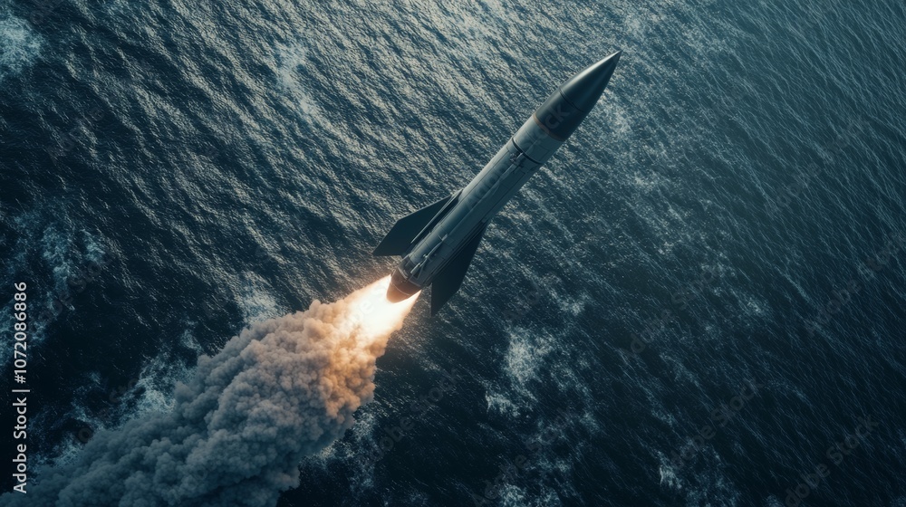 Fototapeta premium Rocket Launch Over Ocean at Sunset