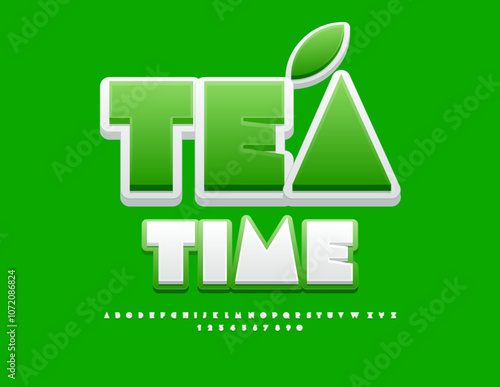 Vector advertising badge Tea Time. Abstract White Font. Modern Alphabet Letters and Numbers set.