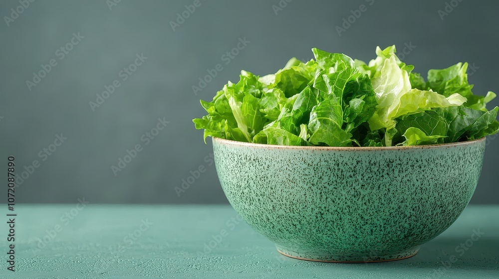 Fresh Green Lettuce in a Textured Bowl on a Soft Green Surface, Perfect for Healthy Eating, Cooking, or Food Preparation Photography, Natural Ingredients and Wellness Themes Fresh Green Lettuce in a Textured Bowl on a Soft Green Surface, Perfect for Healthy Eating, Cooking, or Food Preparation Photography, Natural Ingredients and Wellness Themes