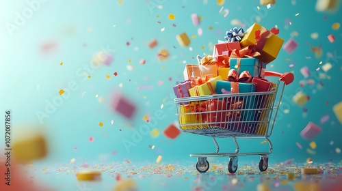 A vibrant shopping cart filled with colorful gift boxes and floating confetti against a light blue background, creating a festive and cheerful holiday atmosphere. photo