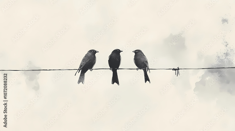 Three birds perched on a wire, illustrated in a monochromatic ink-blotted style on a white background, conveying a minimalist and tranquil scene. Minimalist. Illustration Three birds perched on a wire, illustrated in a monochromatic ink-blotted style on a white background, conveying a minimalist and tranquil scene. Minimalist. Illustration