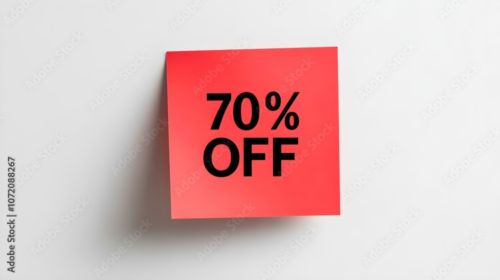 Black '70% OFF' Text on a Red Square Paper Note. White Background with Copy Space Black '70% OFF' Text on a Red Square Paper Note. White Background with Copy Space