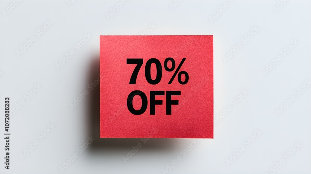 Black '70% OFF' Text on a Red Square Paper Note. White Background with Copy Space Black '70% OFF' Text on a Red Square Paper Note. White Background with Copy Space