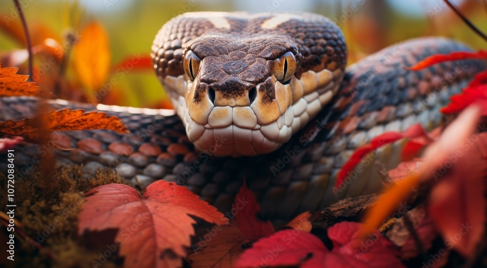 Fototapeta premium close-up of snnake, snake in wild nature, snake in the forest, close-up of wild snake, snake looking forward