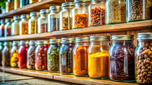 A Beautifully Organized Kitchen Shelf with Colorful Glass Jars Filled with Ingredients for Culinary Storage and Cooking Inspiration