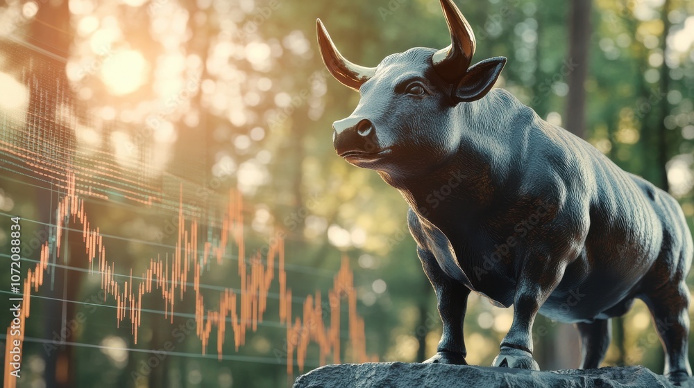 Bull statue symbolizes financial growth with upward-trending charts in background for inspiring business success Bull statue symbolizes financial growth with upward-trending charts in background for inspiring business success