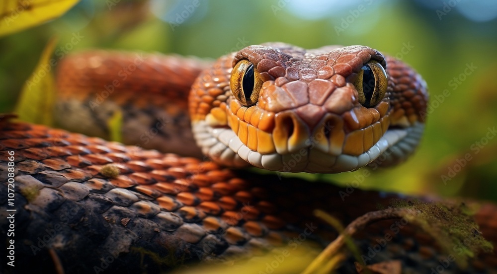 Fototapeta premium close-up of snnake, snake in wild nature, snake in the forest, close-up of wild snake, snake looking forward