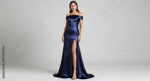 Navy satin evening gown with off shoulder design and thigh slit display on plain white background