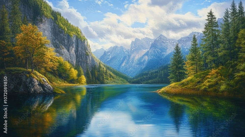 Fototapeta premium Serene Mountain Lake with Reflections and Lush Forest