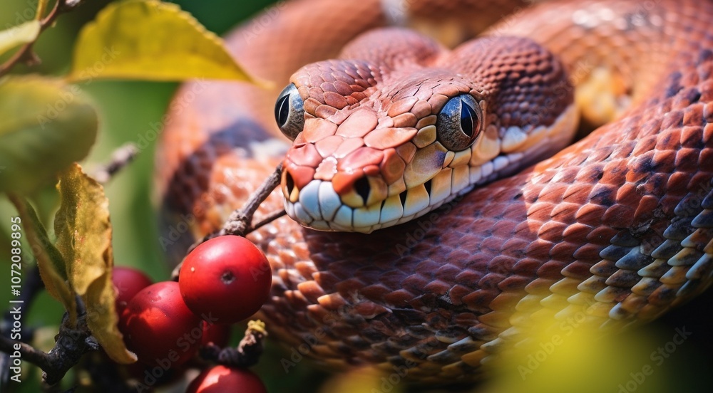 Obraz premium close-up of snnake, snake in wild nature, snake in the forest, close-up of wild snake, snake looking forward