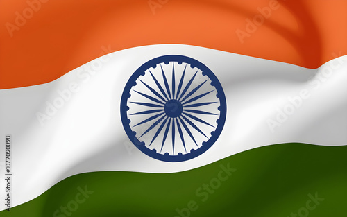 A Close-up of a Waving Indian Flag with a Blue Ashoka Chakra in the Center photo