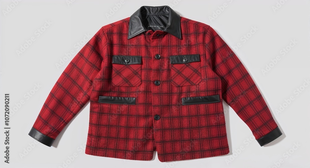 Red plaid wool shacket with snap buttons and chest pockets display on plain white background Red plaid wool shacket with snap buttons and chest pockets display on plain white background