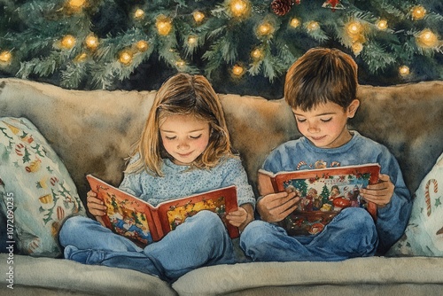 Two children cozy up on a couch reading Christmas books, illuminated by festive tree lights, enjoying a peaceful holiday moment together.