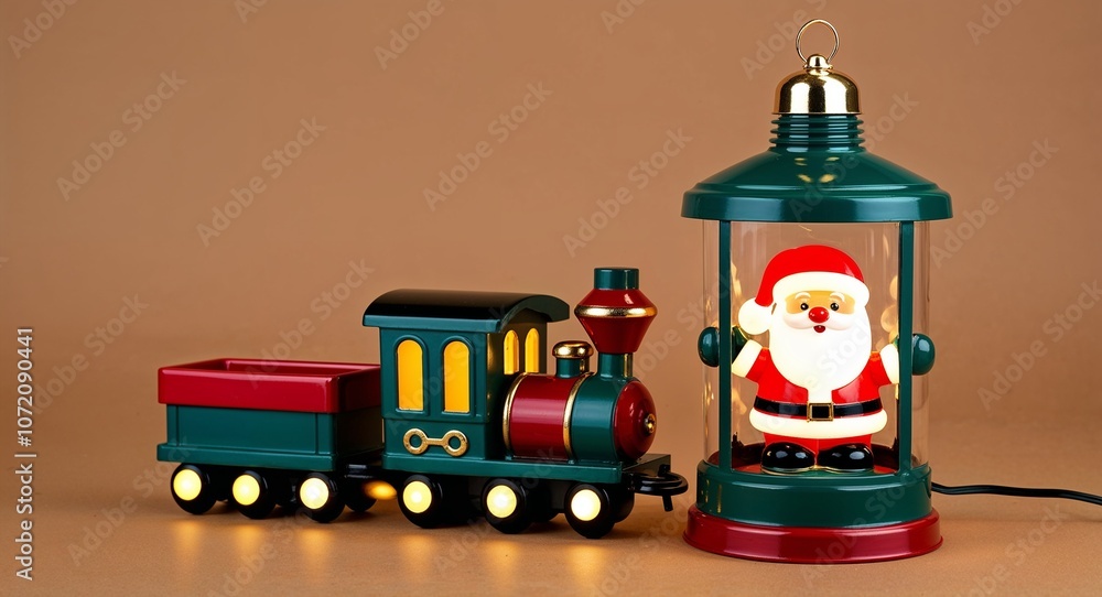 Naklejka premium Light up Christmas train lantern with Santa as conductor on plain brown background