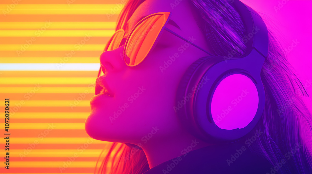 Young woman in sunglasses and headphones enjoying music in neon light. Young woman in sunglasses and headphones enjoying music in neon light.