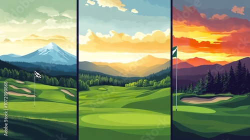 Green landscapes with hills and clear sky vector illustration set photo