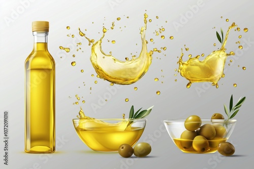 Olive oil splashes, bottles, bowls, olives, fresh ingredients photo